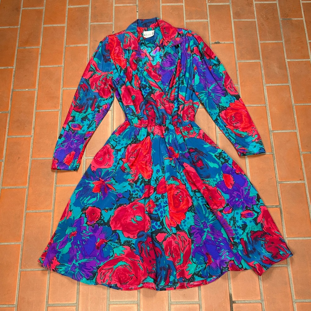 Vintage Act I New York Floral Midi Dress Red Purple Teal Long Sleeve Retro 80s